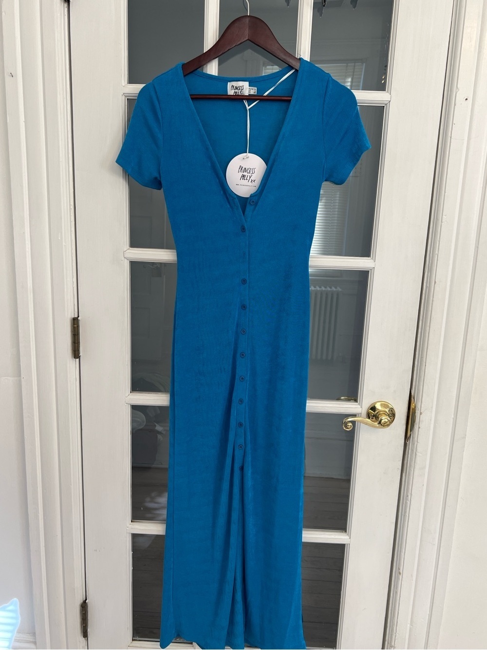 PRINCESS POLLY Women’s Blue Short Sleeve V-Neck Button Down Maxi Dress Size 4